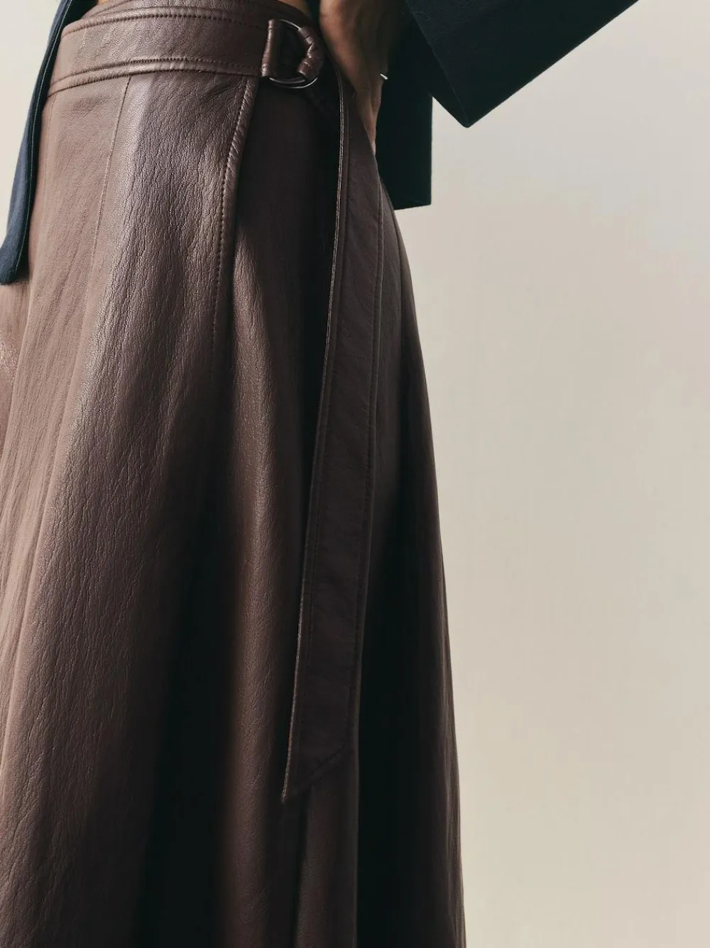 Outlet Nothing Ordinary Chocolate Brown Faux Leather Wrap Midi Kilt Skirt