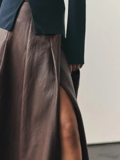 Outlet Nothing Ordinary Chocolate Brown Faux Leather Wrap Midi Kilt Skirt