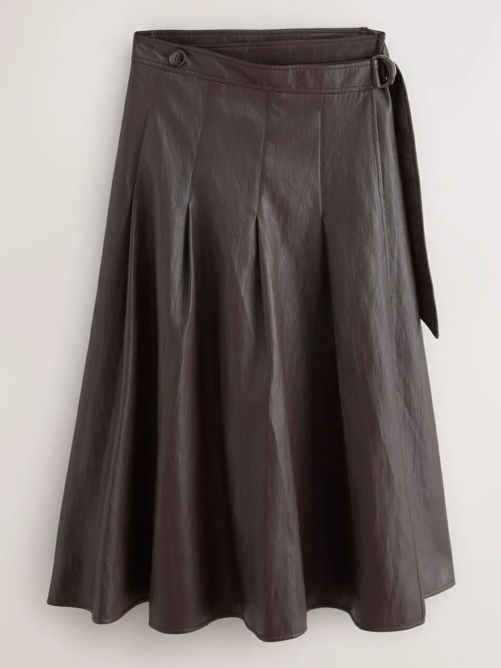 Outlet Nothing Ordinary Chocolate Brown Faux Leather Wrap Midi Kilt Skirt