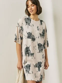 Next Oatmeal Hamish The Highland Cow Cosy Nightie^Women All Night & Lounge|Nightwear