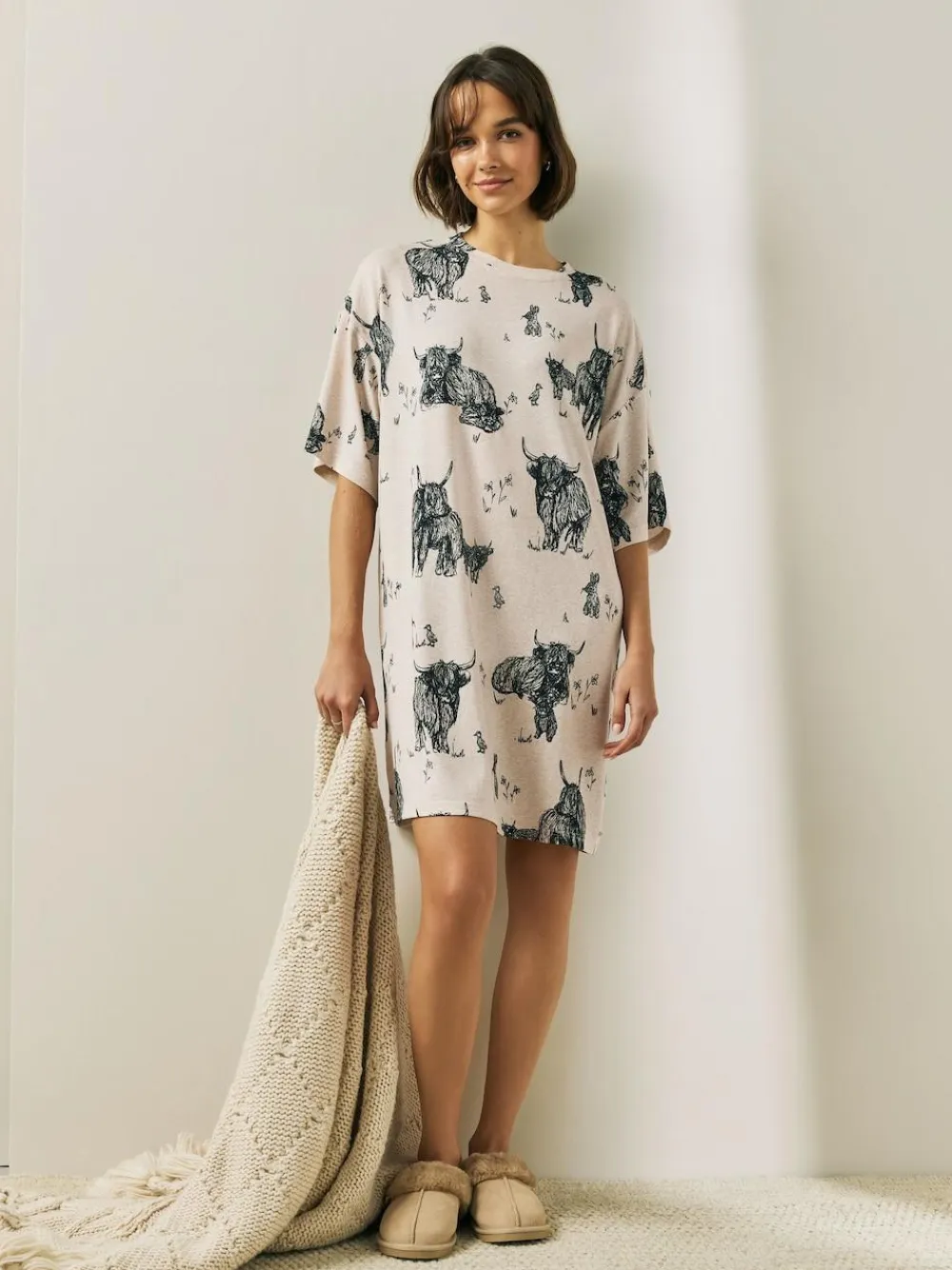 Next Oatmeal Hamish The Highland Cow Cosy Nightie^Women All Night & Lounge|Nightwear