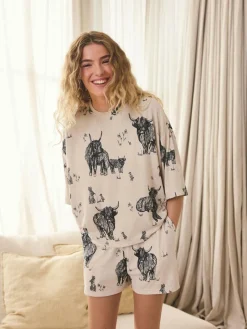Next Oatmeal Hamish The Highland Cow Cosy Short Pyjamas Set^Women Pyjamas|All Night & Lounge