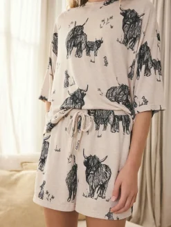 Next Oatmeal Hamish The Highland Cow Cosy Short Pyjamas Set^Women Pyjamas|All Night & Lounge