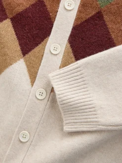 Next Oatmeal Multi Relaxed Fit Argyle Cardigan with Wool^ Knitwear|Knitwear