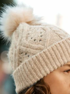 Next Oatmeal Pointelle Knit Pom Hat^Women Hats|Hats, Gloves & Scarves
