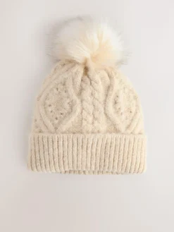 Next Oatmeal Pointelle Knit Pom Hat^Women Hats|Hats, Gloves & Scarves