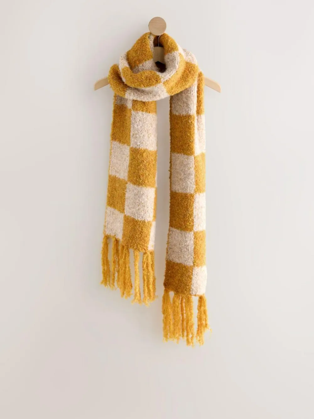 Next Ochre Yellow Checkerboard Boucle Knitted Heavweight Scarf^Women Hats, Gloves & Scarves|Hats, Gloves & Scarves