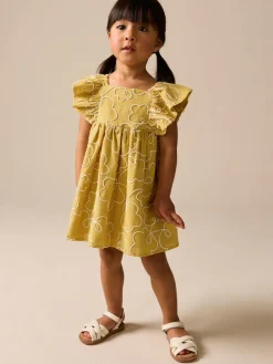 Next Ochre Yellow Embroidered Angel Sleeve Dress (3mths-8yrs)^ Dresses|Dresses