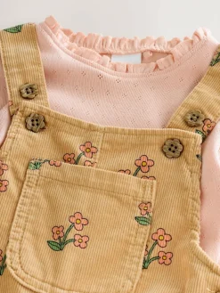 Next Ochre Yellow Floral Print Corduroy Dungarees and T Shirt Set (3mths-7yrs)^ Jumpsuits & Playsuits