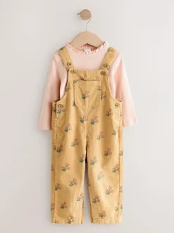 Next Ochre Yellow Floral Print Corduroy Dungarees and T Shirt Set (3mths-7yrs)^ Jumpsuits & Playsuits