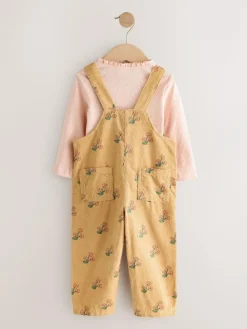 Next Ochre Yellow Floral Print Corduroy Dungarees and T Shirt Set (3mths-7yrs)^ Jumpsuits & Playsuits