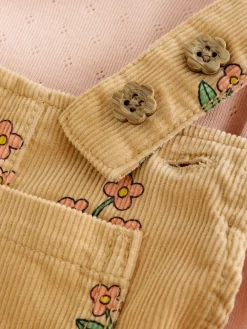 Next Ochre Yellow Floral Print Corduroy Dungarees and T Shirt Set (3mths-7yrs)^ Jumpsuits & Playsuits