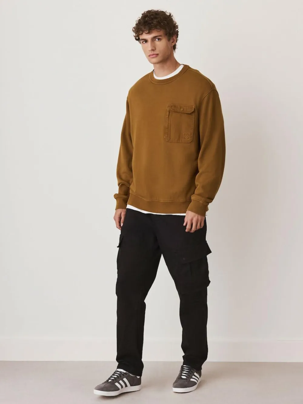 Hot Next Garment Washed Utility Crew Neck Sweatshirt Ochre Yellow