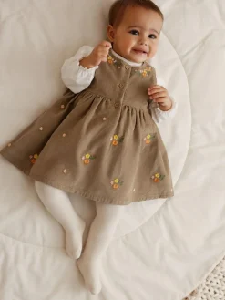 Next Olive Green Embroidered Baby Cord Pinafore Long Sleeve Bodysuit & Tights Set (0mths-2yrs)^ Dresses|Dresses
