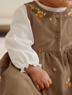 Next Olive Green Embroidered Baby Cord Pinafore Long Sleeve Bodysuit & Tights Set (0mths-2yrs)^ Dresses|Dresses