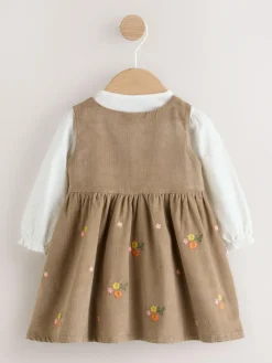 Next Olive Green Embroidered Baby Cord Pinafore Long Sleeve Bodysuit & Tights Set (0mths-2yrs)^ Dresses|Dresses