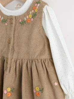 Next Olive Green Embroidered Baby Cord Pinafore Long Sleeve Bodysuit & Tights Set (0mths-2yrs)^ Dresses|Dresses