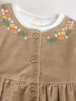 Next Olive Green Embroidered Baby Cord Pinafore Long Sleeve Bodysuit & Tights Set (0mths-2yrs)^ Dresses|Dresses