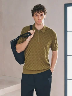 Next N.Premium Regular Fit Checkerboard Knitted Short Sleeve Zip Neck Polo Shirt^ Knitwear|Knitwear