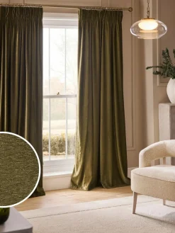 Online Next Olive Green Plush Chenille Pencil Pleat Lined Curtains