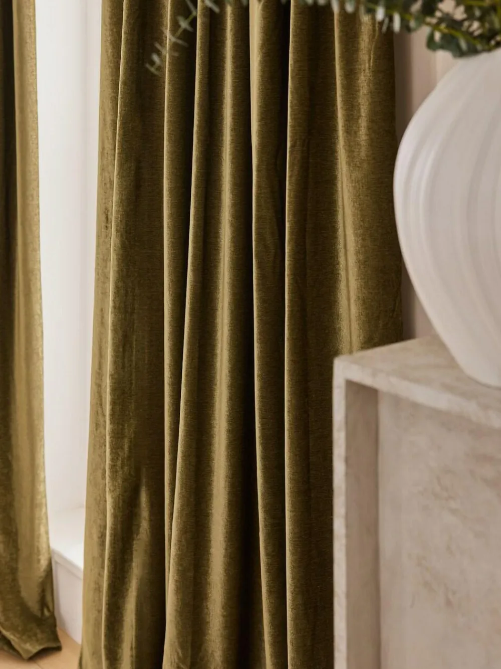Online Next Olive Green Plush Chenille Pencil Pleat Lined Curtains