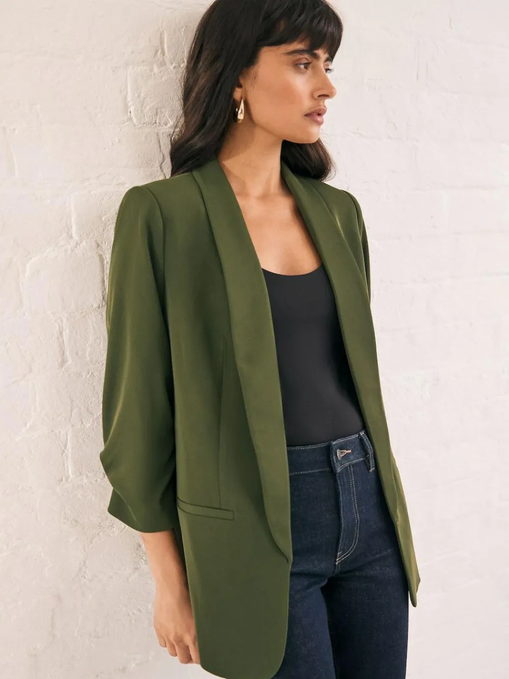 Next Olive Green Relaxed Ruched Sleeve Blazer
