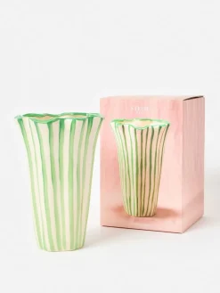Oliver Bonas Green & White Striped Ceramic Vase^ Vases