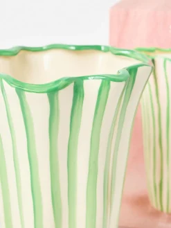 Oliver Bonas Green & White Striped Ceramic Vase^ Vases