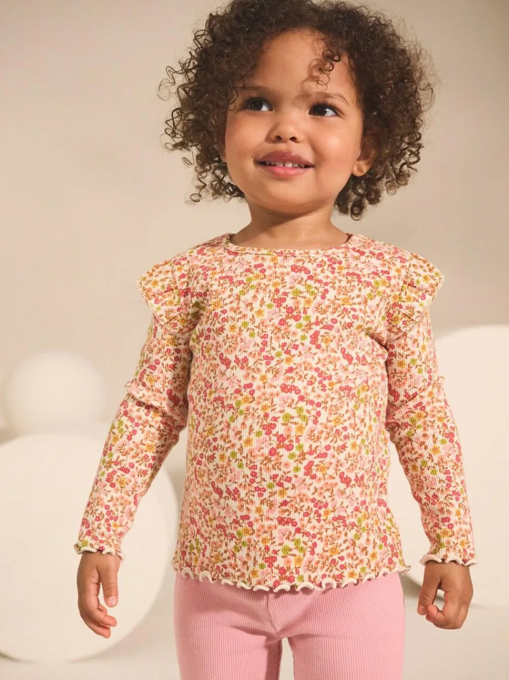 Next Ribbed Long Sleeve Frill T-Shirt (3mths-7yrs) Orange Ditsy Floral