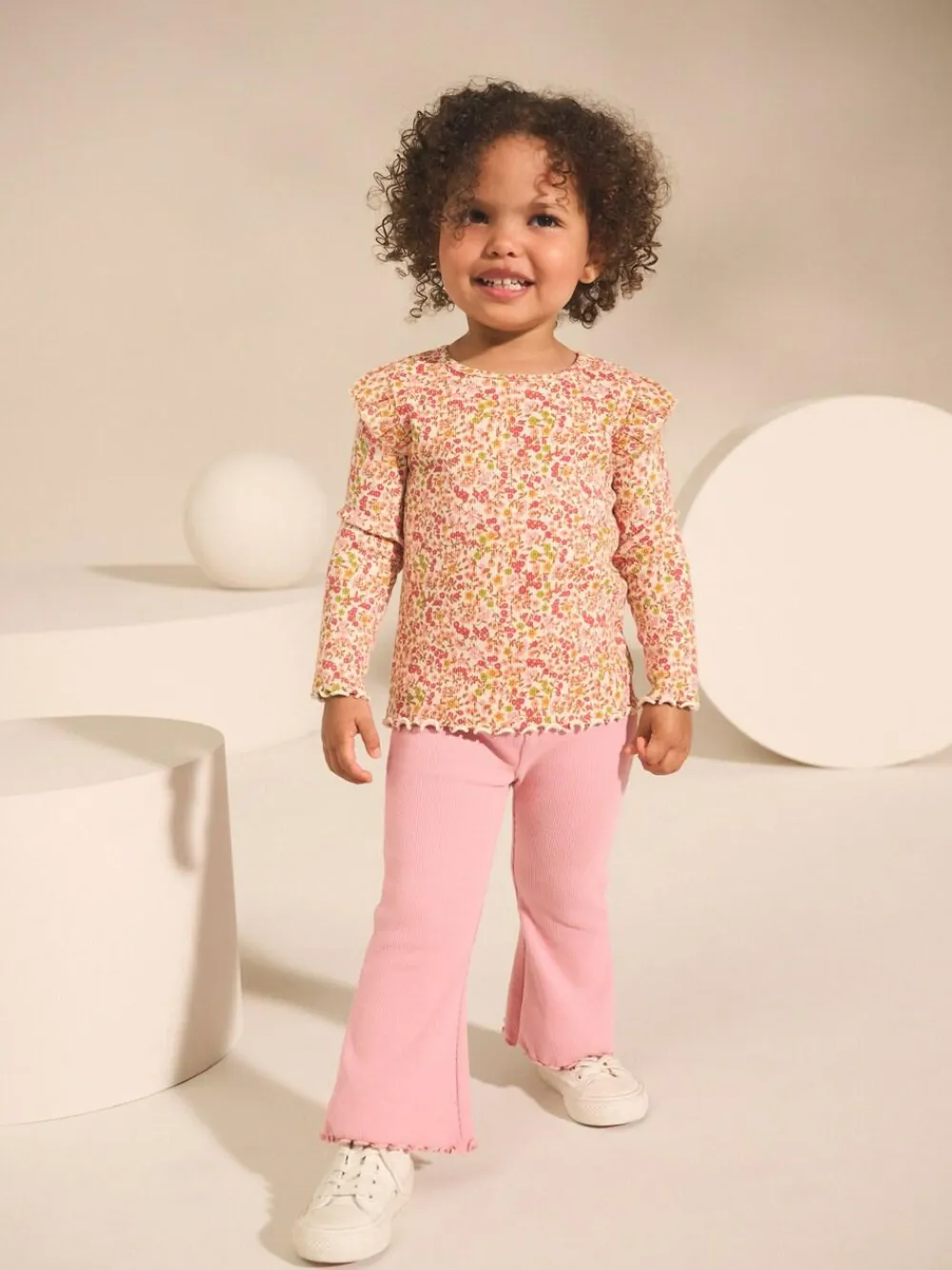 Next Ribbed Long Sleeve Frill T-Shirt (3mths-7yrs) Orange Ditsy Floral