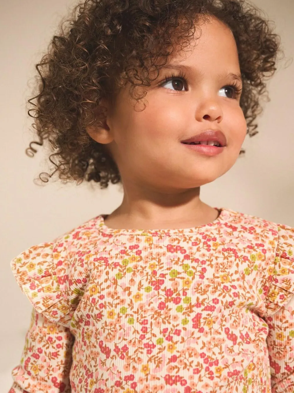 Next Ribbed Long Sleeve Frill T-Shirt (3mths-7yrs) Orange Ditsy Floral