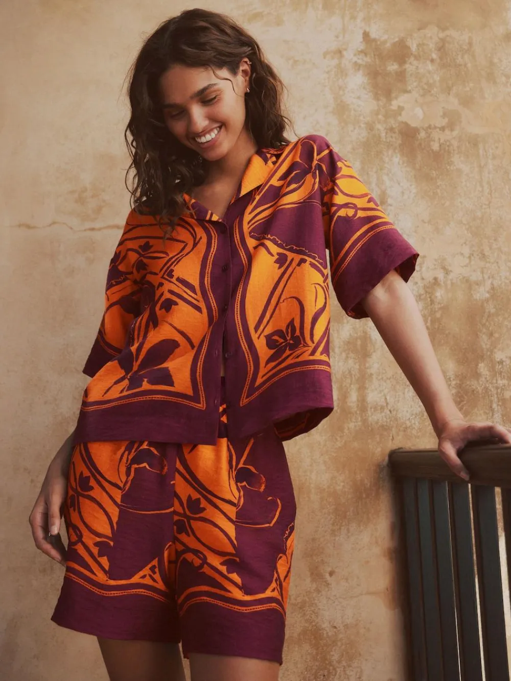 Discount Next Orange/Burgundy Exotic Border Print Elasticated Waist Resort Shorts