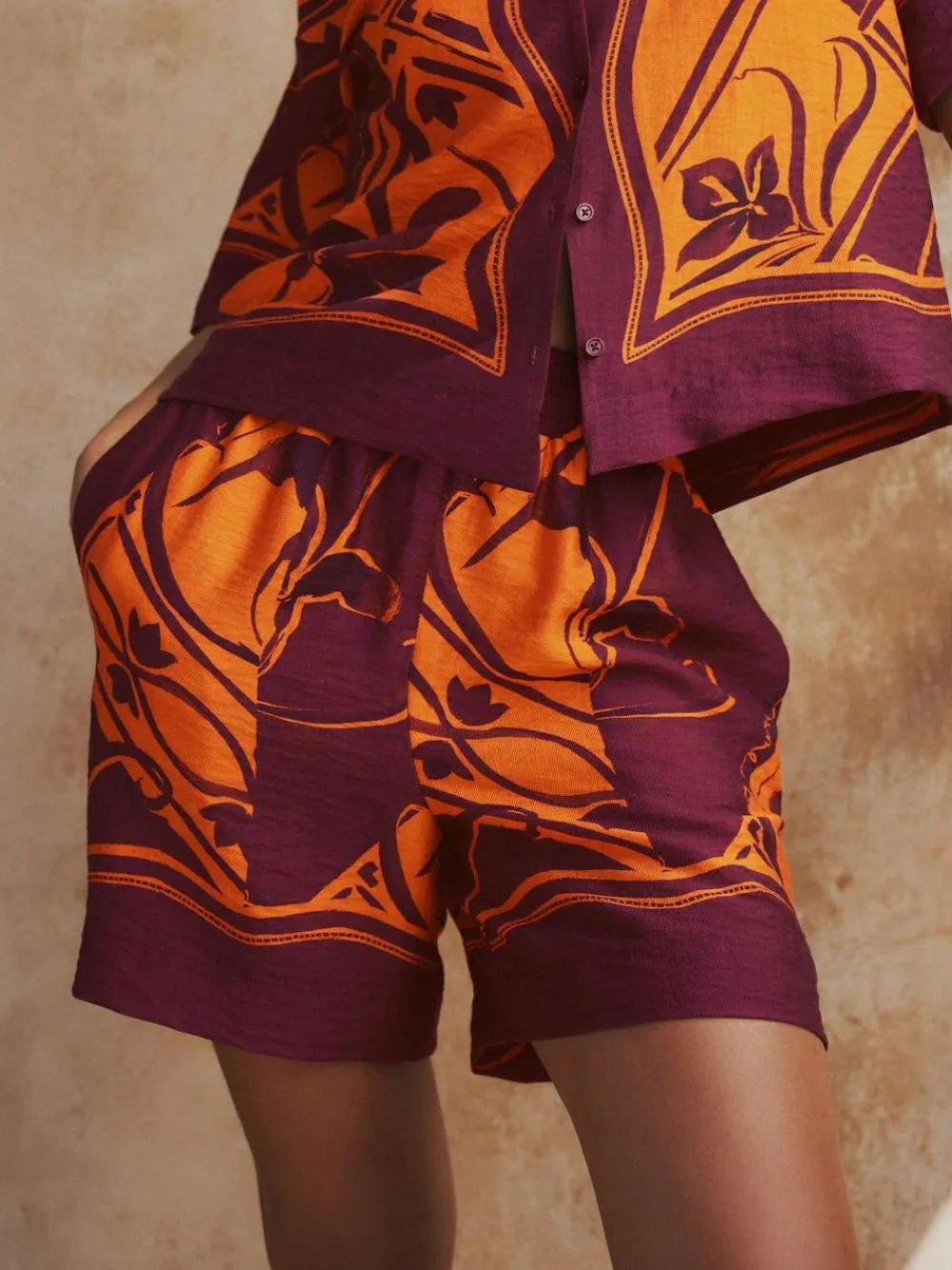 Discount Next Orange/Burgundy Exotic Border Print Elasticated Waist Resort Shorts