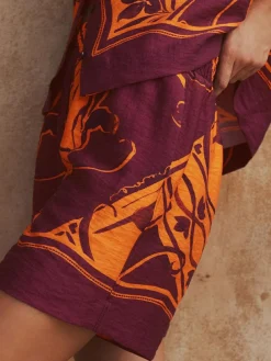 Discount Next Orange/Burgundy Exotic Border Print Elasticated Waist Resort Shorts