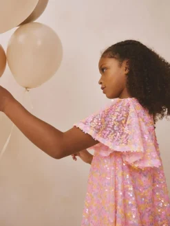 Best Next Angel Sleeve Sequin Party Dress (3-16yrs) Pastel Pink