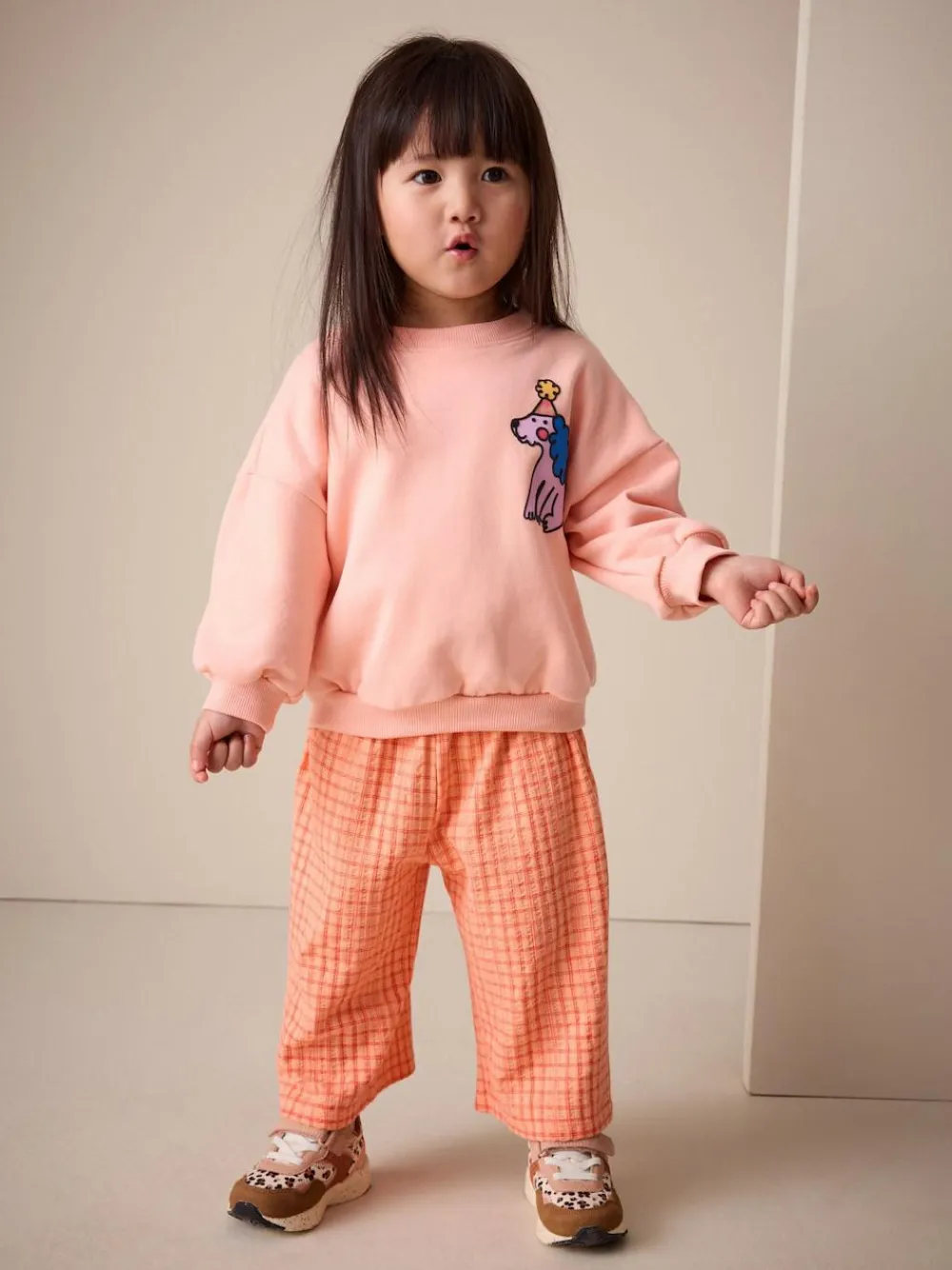 New Next Peach Pink Dog Sweatshirt & Wide Leg Trousers Set (3mths-7yrs)