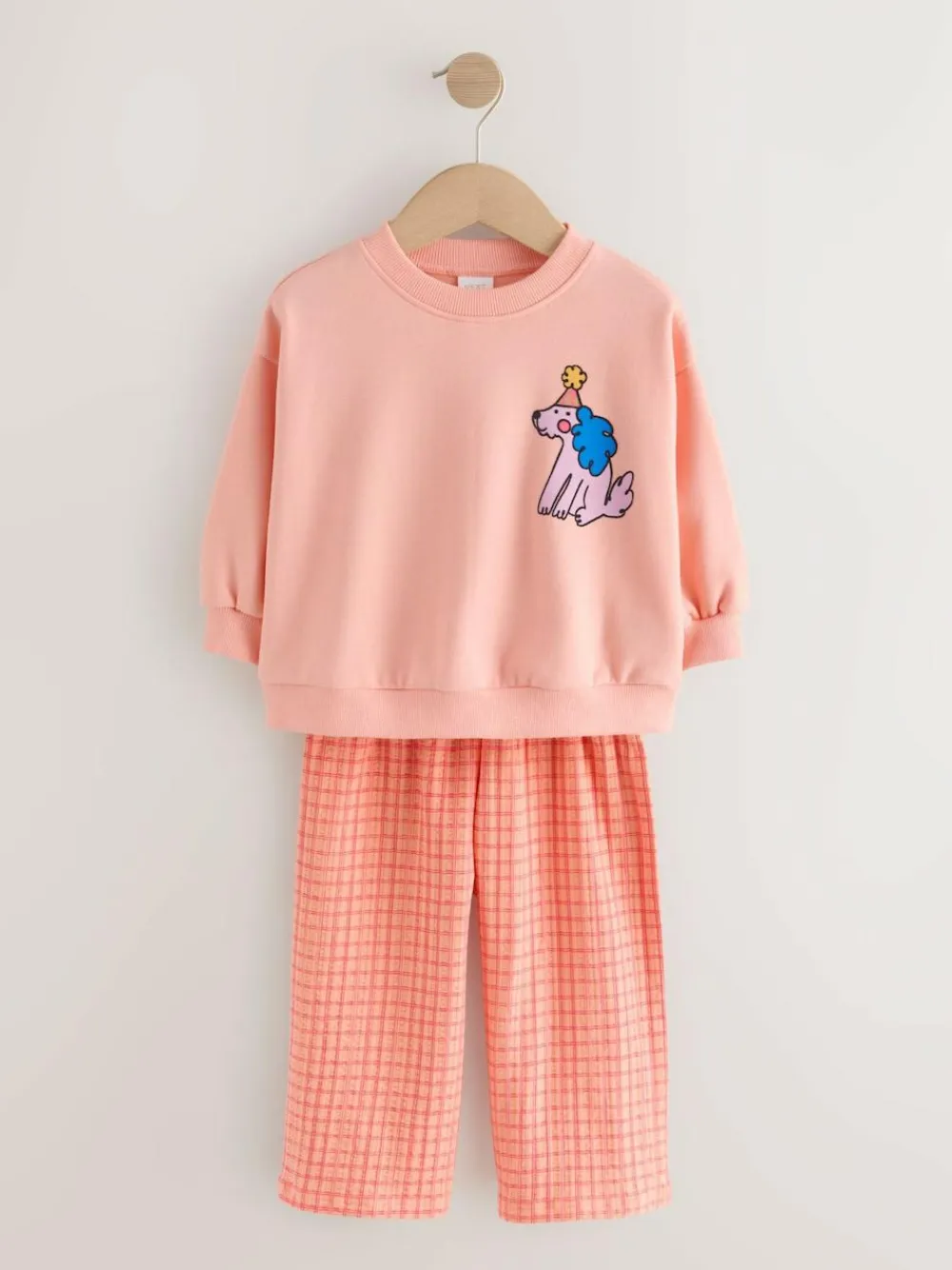 New Next Peach Pink Dog Sweatshirt & Wide Leg Trousers Set (3mths-7yrs)