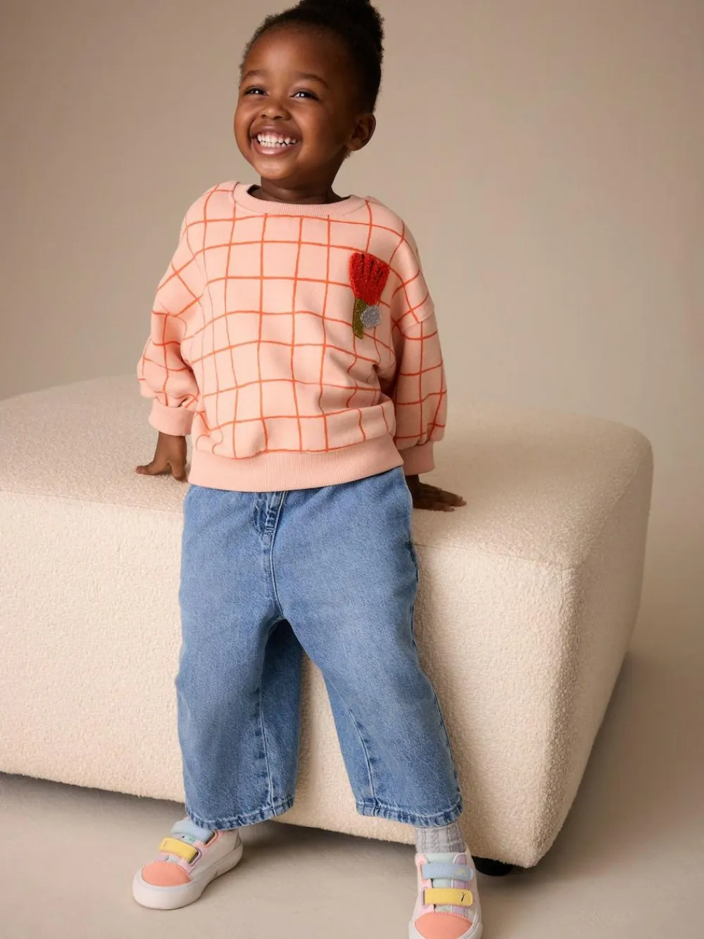 Next Peach Pink Grid Crew Neck Sweatshirt (3mths-7yrs)^ Sweatshirts & Hoodies|Nightwear