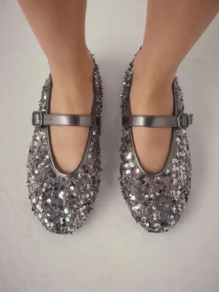 Next Pewter Sequin Forever Comfort® Embellished Sequin Mary Jane Shoes^Women Flats