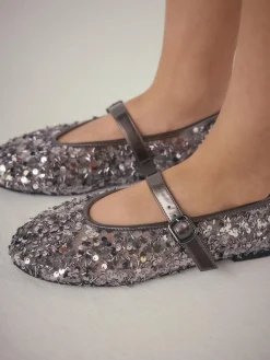 Next Pewter Sequin Forever Comfort® Embellished Sequin Mary Jane Shoes^Women Flats