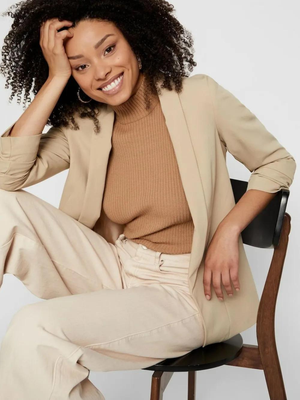 Clearance PIECES 3/4 Ruched Sleeve Blazer Cream