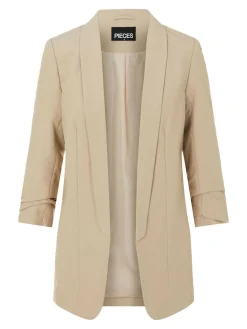 Clearance PIECES 3/4 Ruched Sleeve Blazer Cream
