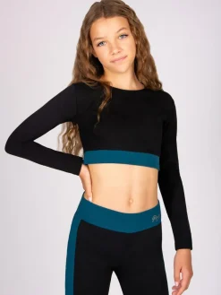Discount Pineapple Black Contrast Panel Long Sleeve Jersey Crop Top