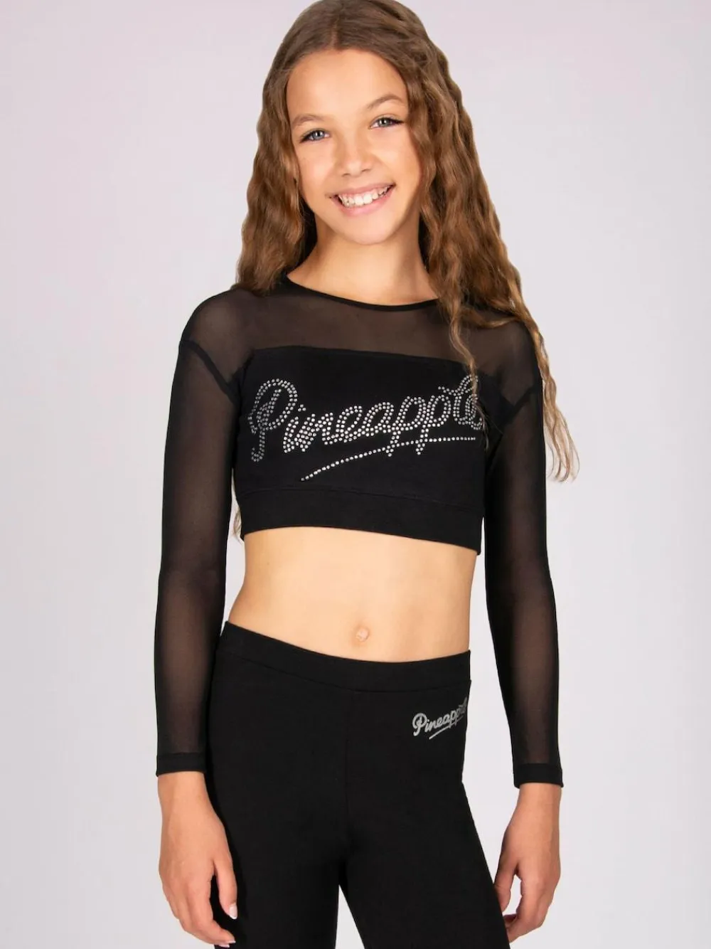 Pineapple Black Logo Mesh Panel Long Sleeve Crop Top^ Bras & Crop Tops