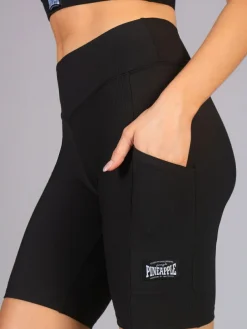 Clearance Pineapple Black Womens Rib Cycling Shorts with Pocket