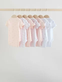 Online Next Pink 7 Pack Short Sleeve Baby Bodysuit