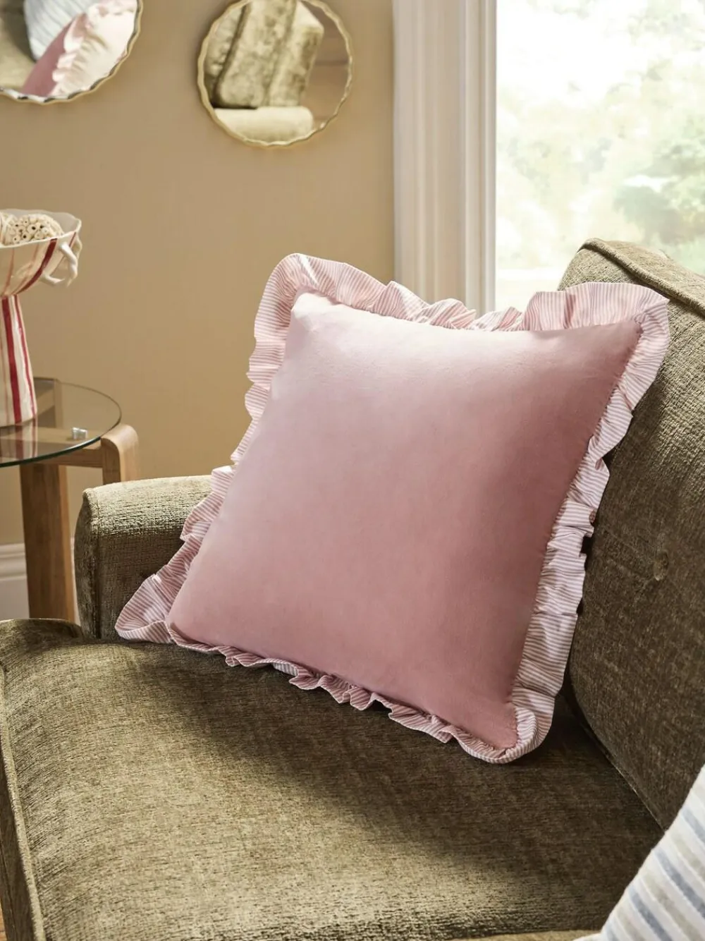 Discount Next 43 x 43cm Ruffle Trim Velvet Cushion Pink