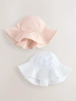 Next Pink and White Broderie 2pk Baby Bucket Hat (0mths-2yrs)^ Hats & Scratch Mitts|Newborn Accessories