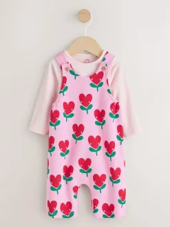 Next Pink Baby Dungarees and Long Sleeve Bodysuits Set 2 Piece (0mths-3yrs)^ Rompers & Overalls|Sets & Coords