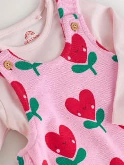 Next Pink Baby Dungarees and Long Sleeve Bodysuits Set 2 Piece (0mths-3yrs)^ Rompers & Overalls|Sets & Coords